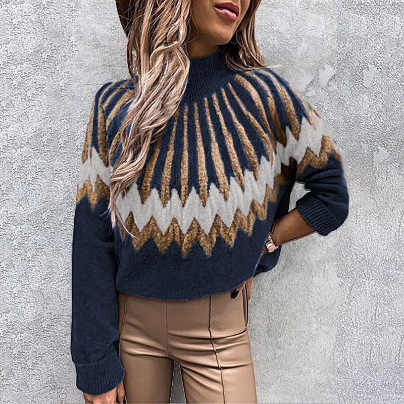 Womens Winter Loose Fit High Neck Long Sleeve Knit Sweater With Print Casual Elegant Style