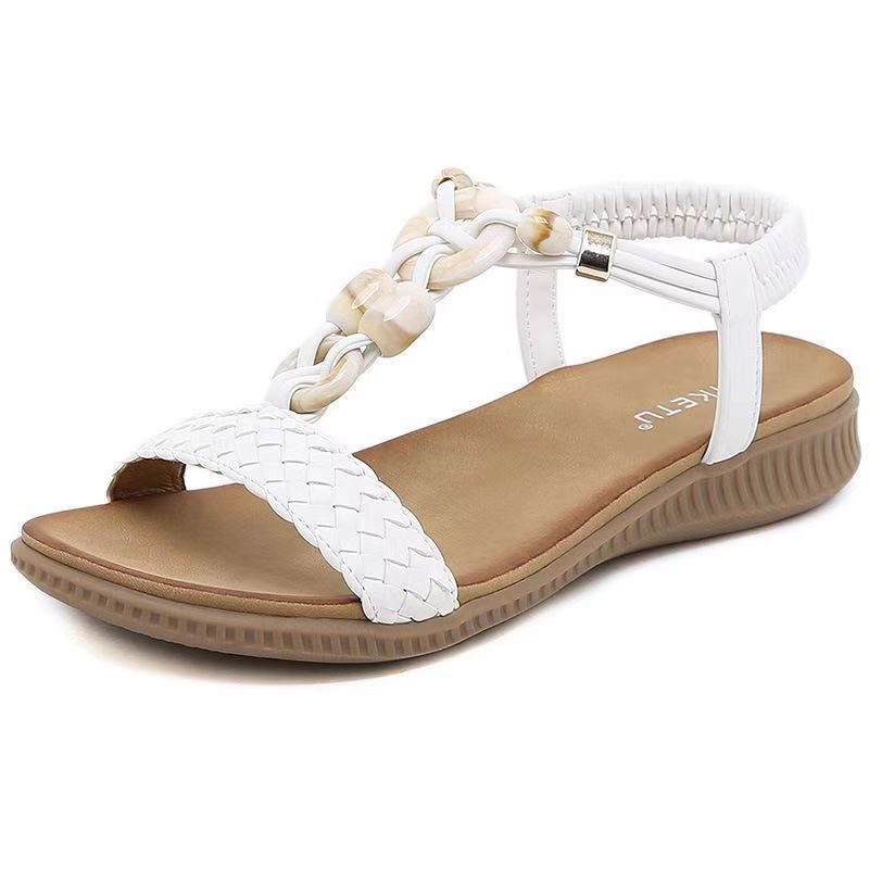 

New Women s Summer Vintage Woven Bead Flat Sole Sandals Soft Sole Non Slip Slip-On One Word Outdoor Beach Sandals 36 білий