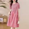 ZANZEA Women Casual Round Neck Short Sleeve Plaid Print Dress