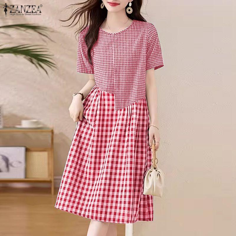 ZANZEA Women Casual Round Neck Short Sleeve Plaid Print Dress
