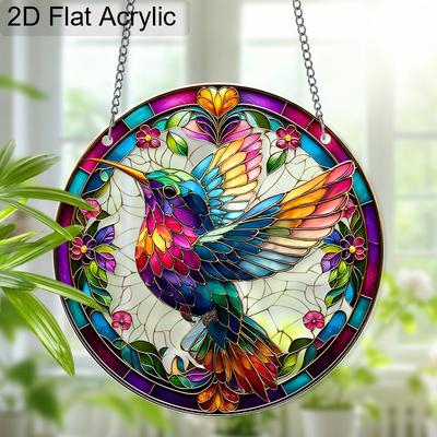 Acrylic Colorful Hummingbird Stained Glass Style Suncatcher, 2D Flat Acrylic Window Hanging Ornament for Nature & Art Lover Gifts