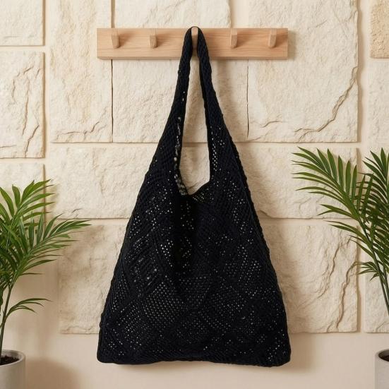 Women Crochet Shoulder Bag Lightweight Solid Color Mesh Handbag Fashionable Beach Bag Daily Commuting