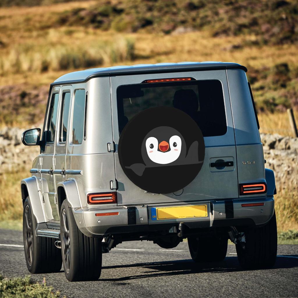 2D Flat 1pc Peeking Cartoon Penguin Car Tire Cover 35.56/38.1/40.64/43.18 Cm, Spare Tire Cover, Essential For Camping Off-Road O