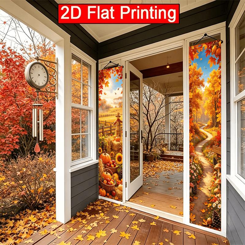 2D Flat, 2pcs 2D Flat Autumn Countryside Theme, 30.48X179.83 cm Polyester Door Couplet, Golden Farmland, Wooden Fence, Scarecrow Design, Suitable for