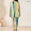 Women Plus Size Green Yellow Printed Half Zip Long Sleeve Top And Long Pants Two Piece Set