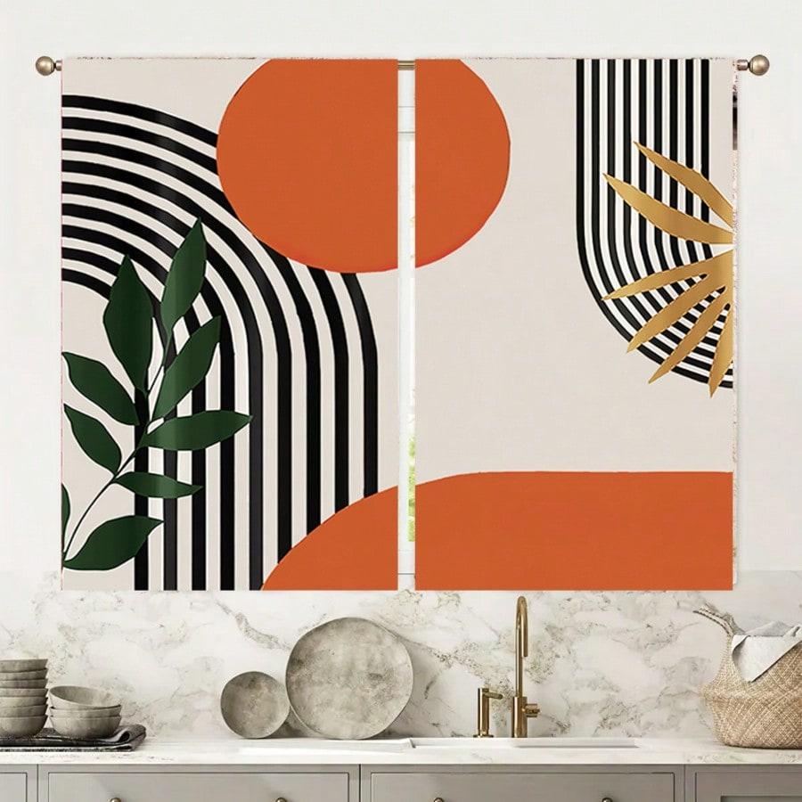 Set Of 2 Artistic Curtains Modern Geometric Design Black Beige Gold Accents Semi Boho Light Filtering Made Polyester Machine Washable