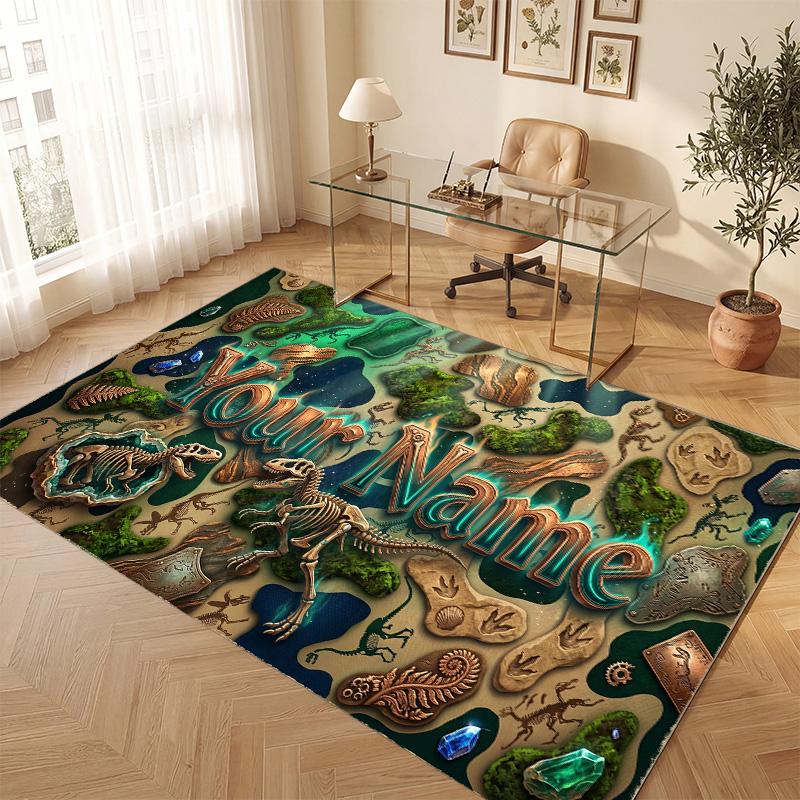 Dinosaur Theme Soft Crystal Velvet Rug Custom Name & Text Print Non Slip Floor Rug for Bedroom Living Room