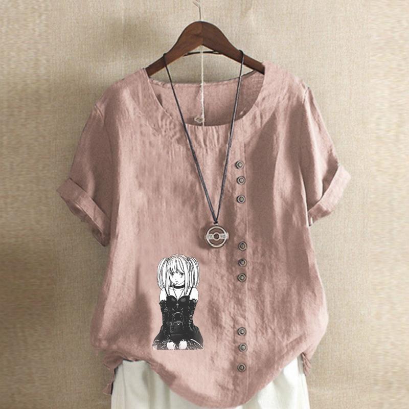 Women's Fashion Cool Girl Print Short Sleeve T-shirt Loose Cotton Shirt Casual Loose Summer Blouse Tops Plus Size