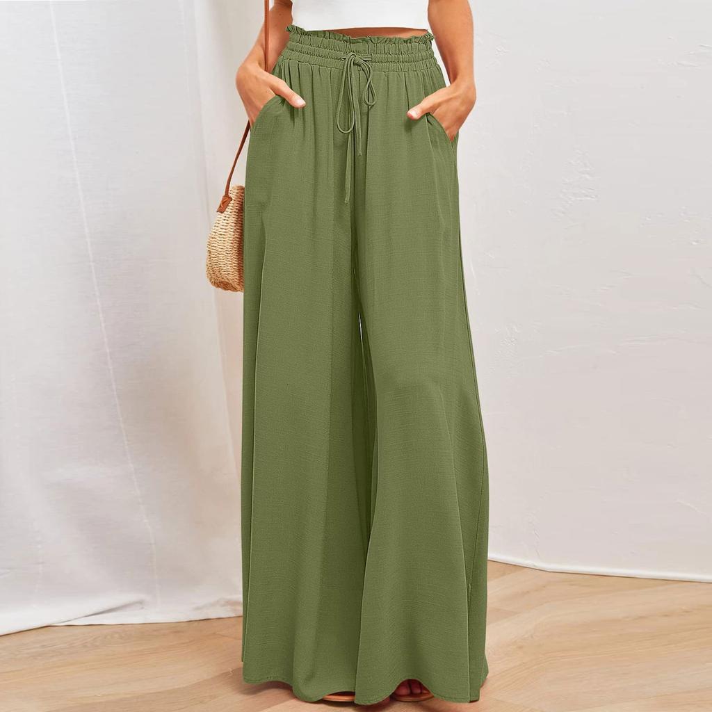 Women's Color Trousers Elastic Belt Wide Leg High Waist Long Culottes