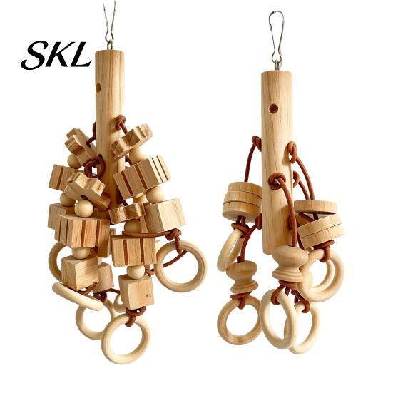 Bird Beak Trimmer Wood Blocks Parrot Toy, Chew Toy with Wooden Rings, Biting Hanging Cage Accessory for Parakeet Conure Cockatiel Non-toxic