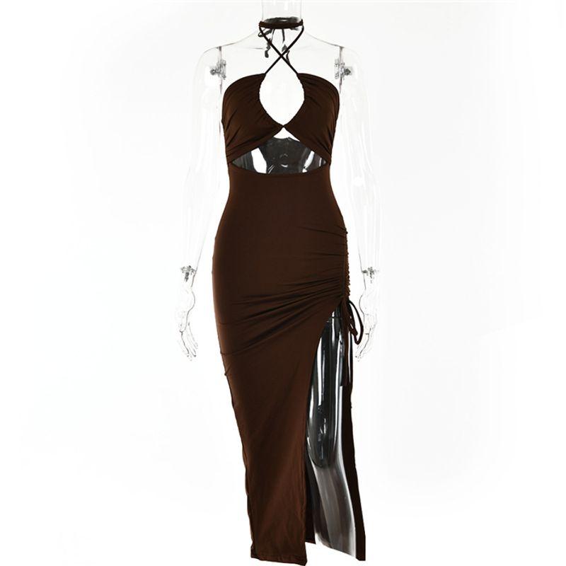 

European and American-Style Slim Fit Slit Halter Dress Brown M