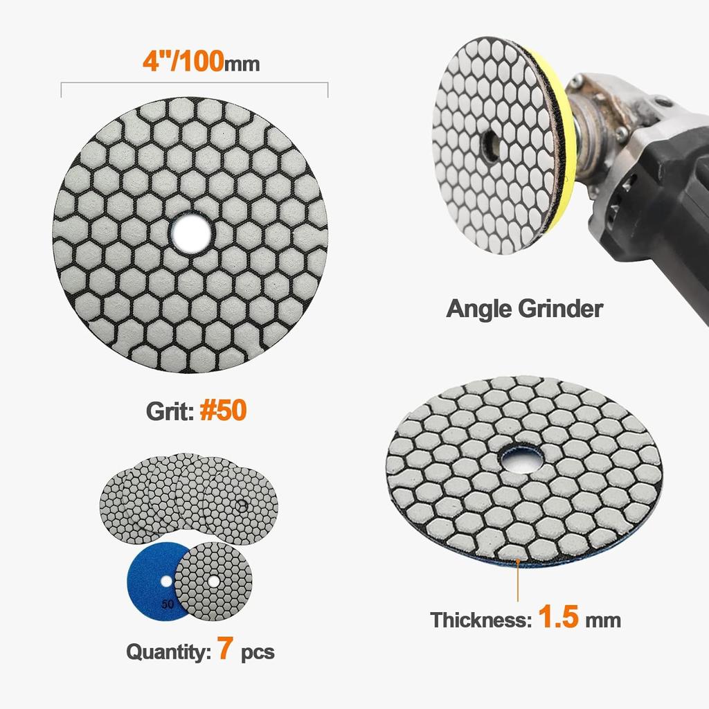 Dry Diamond Polishing Pad Set,7pcs 4 Inch #50 for Stone Marble Quartz Granite Sanding Disc Countertop Polish Polisher Pads Kit Tools Used On Grinder