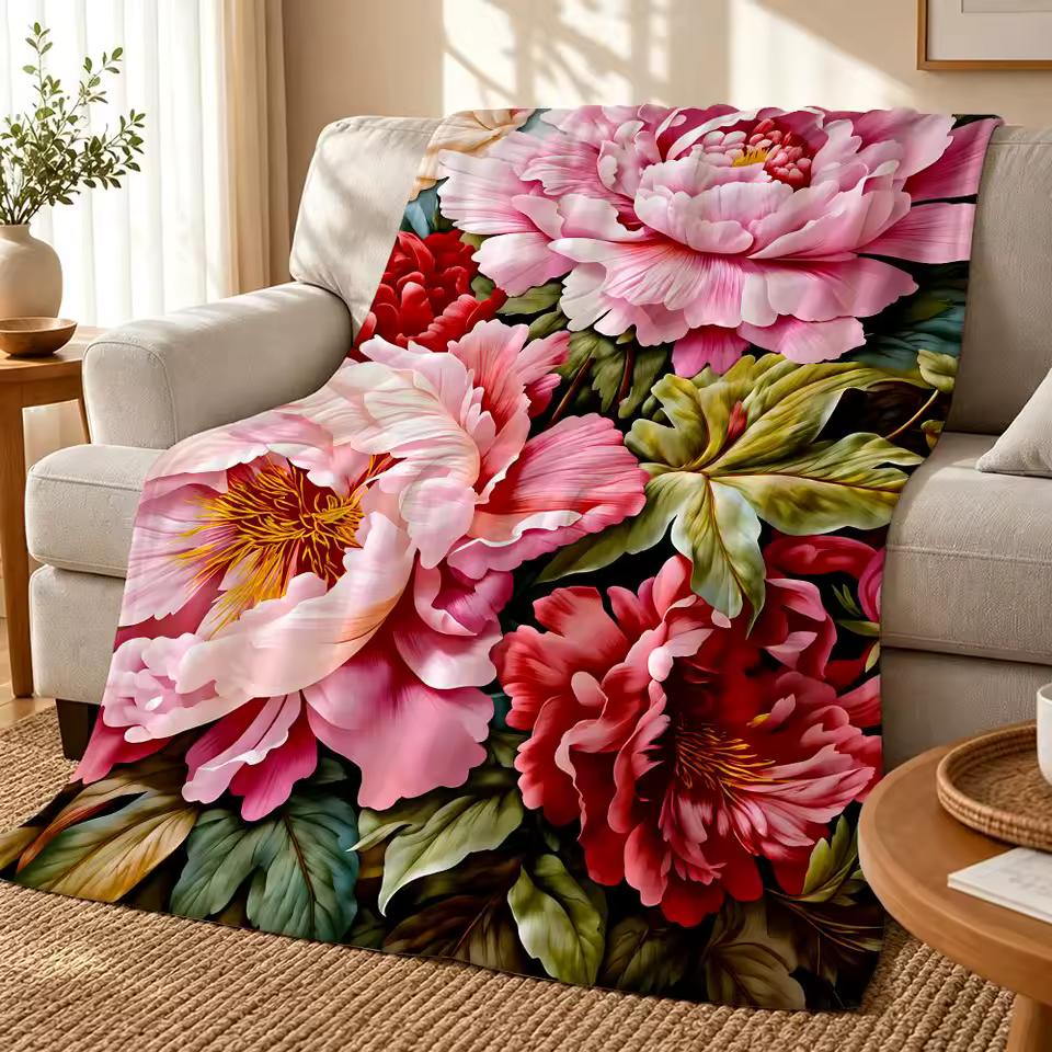 VintagePeonyBloom Throw 240g Flannel Blanket, Suitable for Sofas, Beds, Offices, Exquisite Gift Blankets