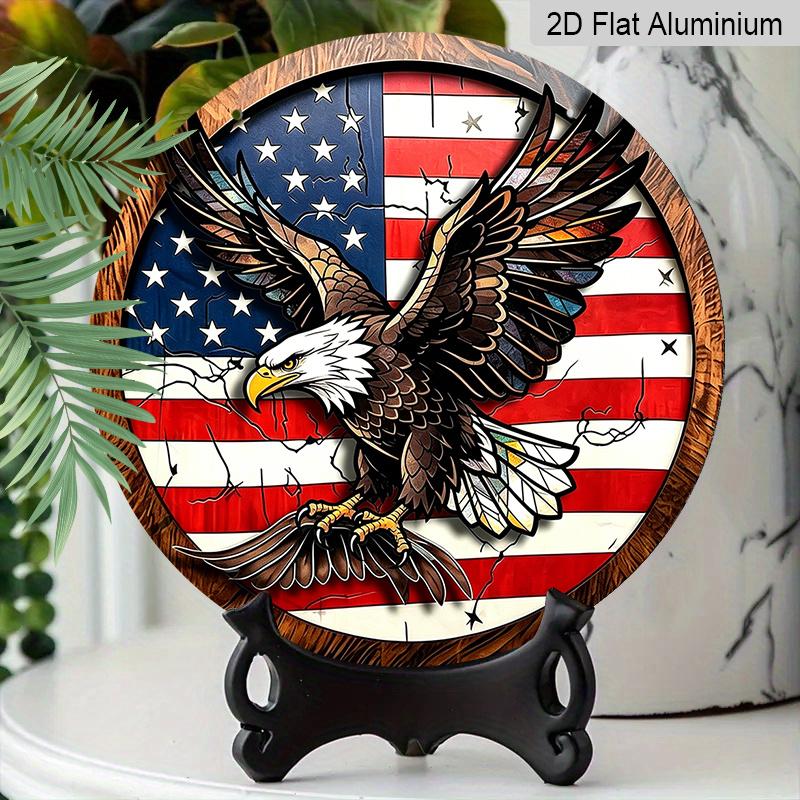 2D Flat Retro Round Aluminum Wall Hanging, Independence Day Flying Eagle Design, Indoor Outdoor Wall Decor, Home Commemorative Gift