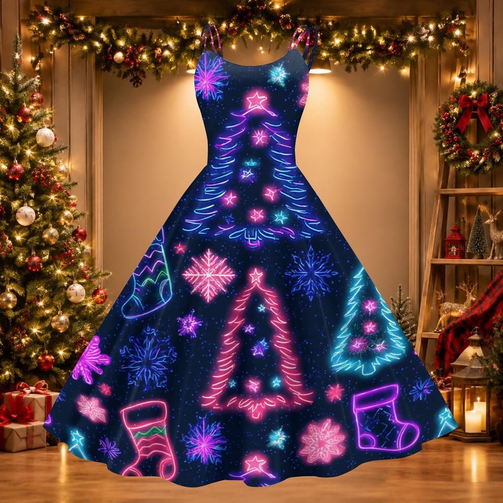Sexy schulterfreies Retro-Kleid für Damen mit Weihnachtsdruck für Feiertagspartys