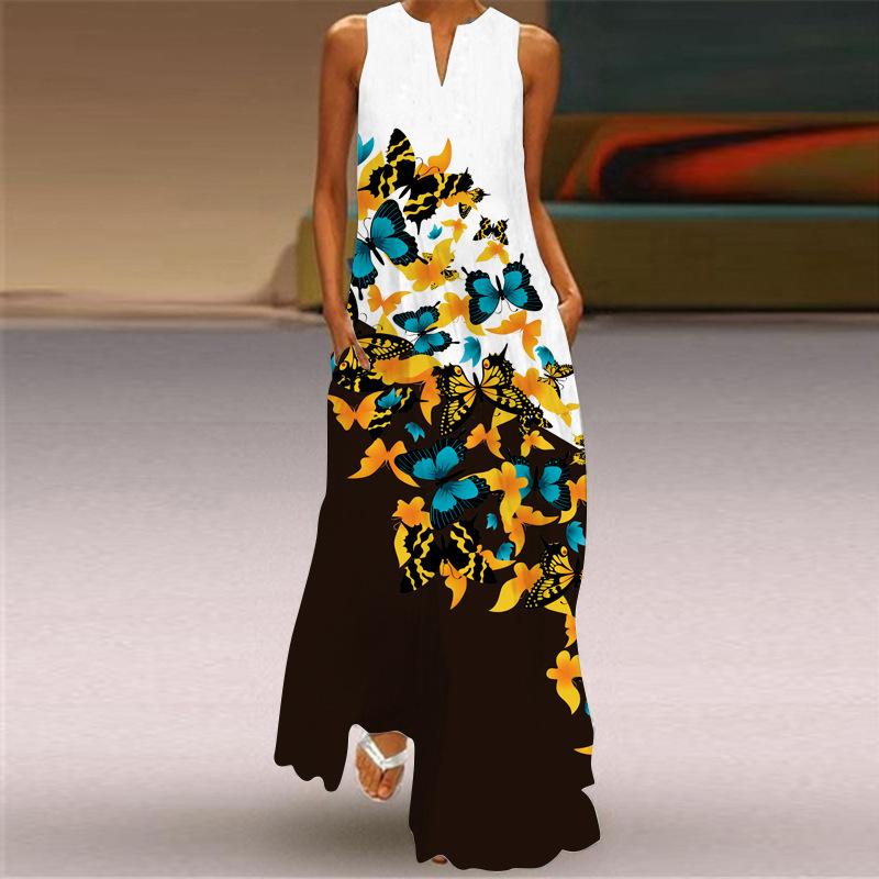 New 2026 Women s Fashion Casual Printed V-Neck Zipper Loose Pocket Long Sleeve Dress Plus Size S