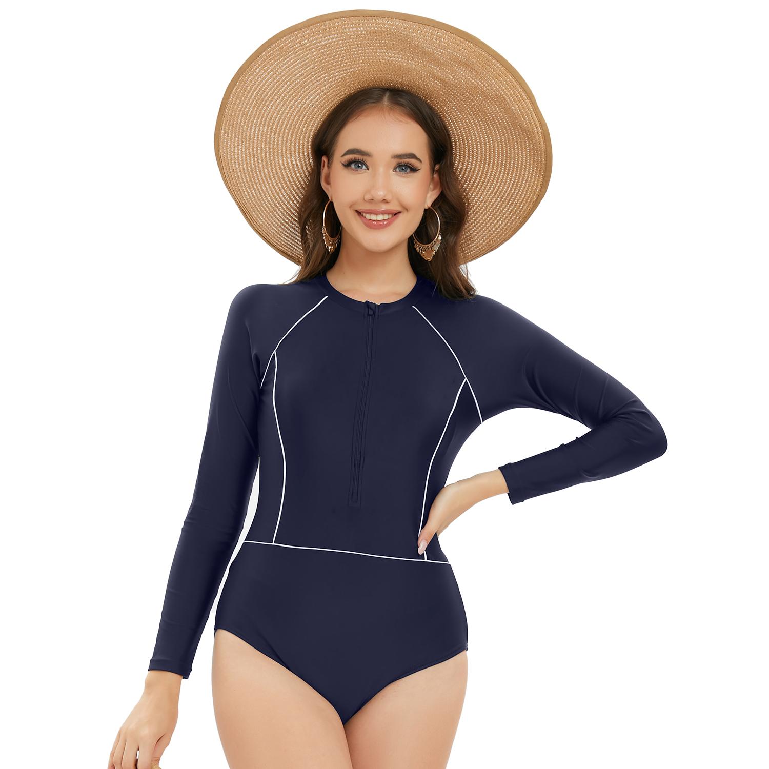 

TUINANLE Серфинг Спортивный купальник с длинными рукавами женский цельный купальник однотонный монокини купальный костюм M темно-синий