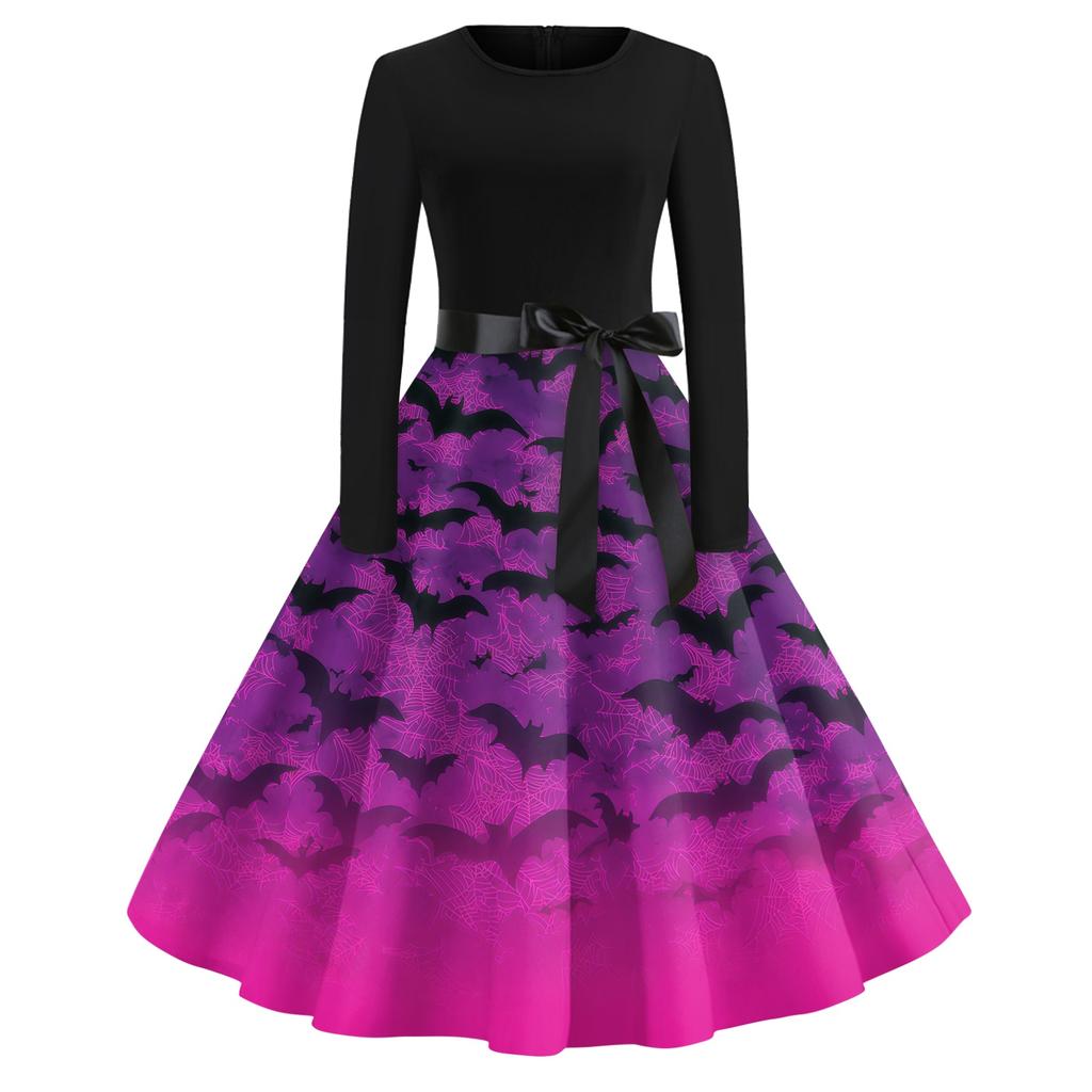 Women's Casual Vintage Dress Long Sleeve Round Neck Halloween Print A-Line Midi Dress with Waist Tie Belt Suitable for Daily Wear