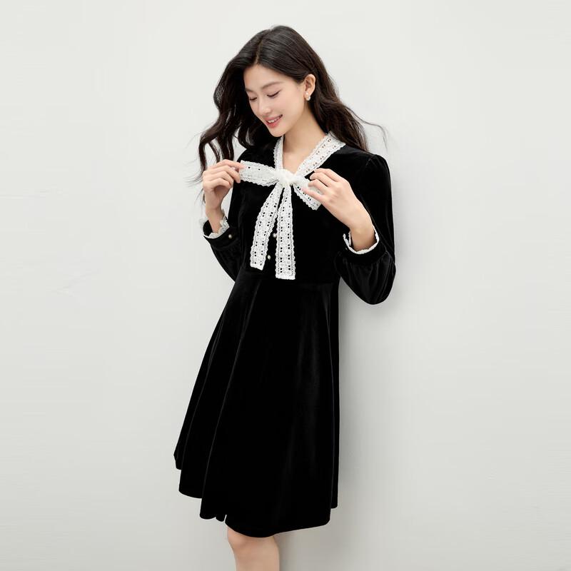 

Qiu Shui Yi Ren French Retro Velvet Bow Lace Dress L