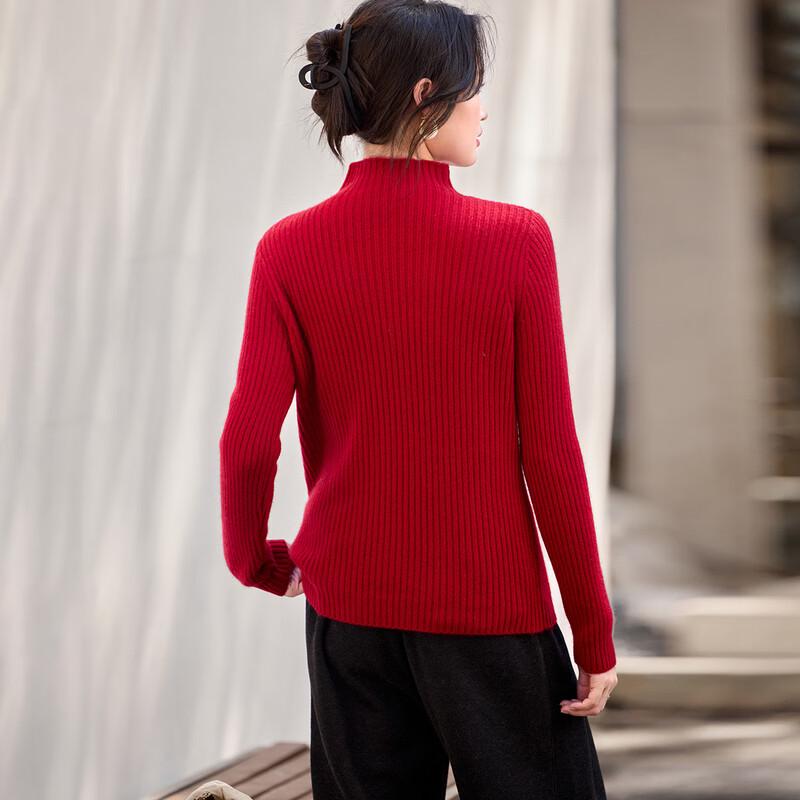 Srcr Women's Thickened Half-High Collar 100% Cashmere Ribbed Sweater