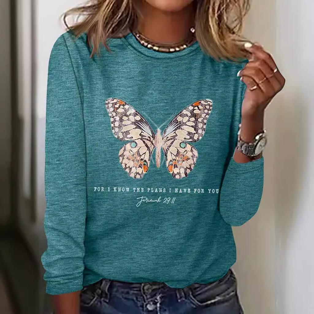 Round Neck 3D Printed Butterfly Pattern Top Fashionable Casual Long Sleeved Women's T-shirts