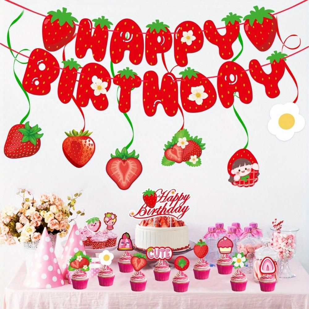 5pcs Strawberry Happy Birthday Banner Strawberry Themed Birthday Party Decoration Berry Sweet Party Decoration