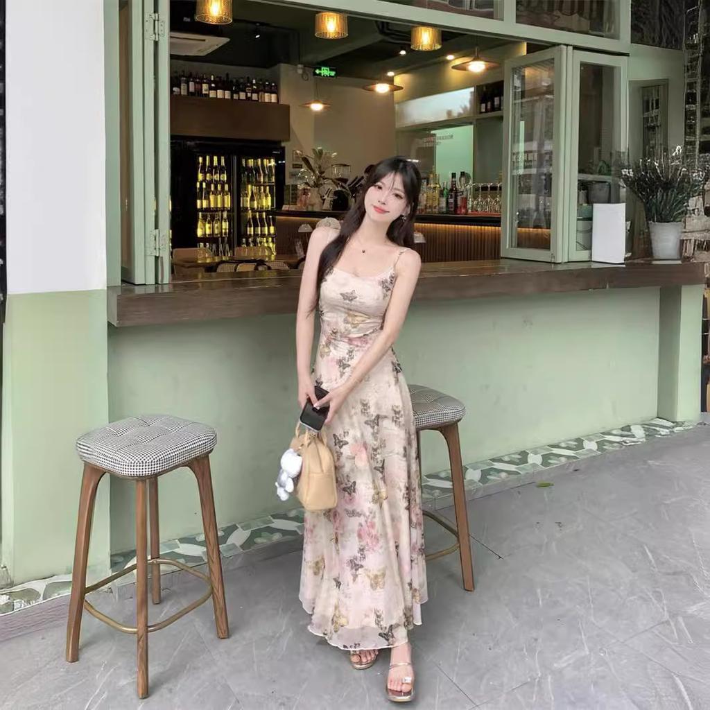Coffee Break French Butterfly Suspender Suit Dress Women's Summer New Holiday Style Beautiful Feeling Waist Thin Pure Desire Skirt