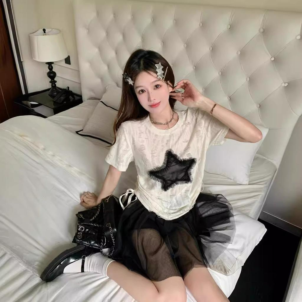 Star short-sleeved T-shirt women's summer American hottie design sense niche loose and thin straps drawstring front shoulder top