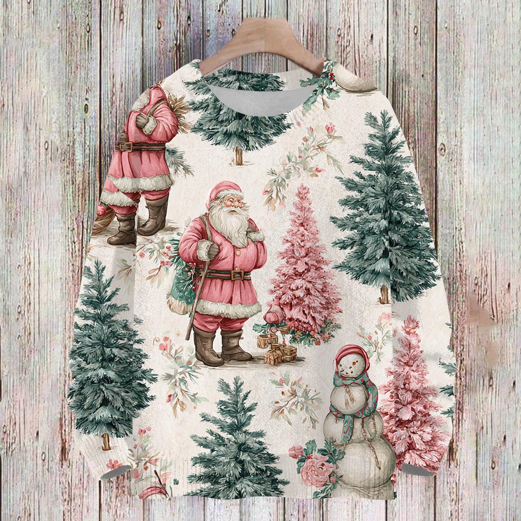 Ladies' Fashionable And Casual Christmas Cute Printed Round Neck Long Sleeved Knitted Yarn