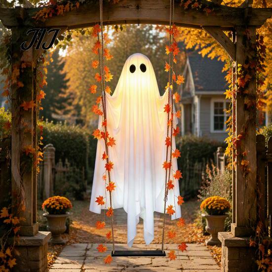 Hängendes Gespenst mit Lichtern Schaukel Halloween-Dekoration Ahornblatt, Leuchtendes Ornament Gartenatmosphäre Höhenverstellbare Schaukel, Timer, Fernbedienung für Vorne