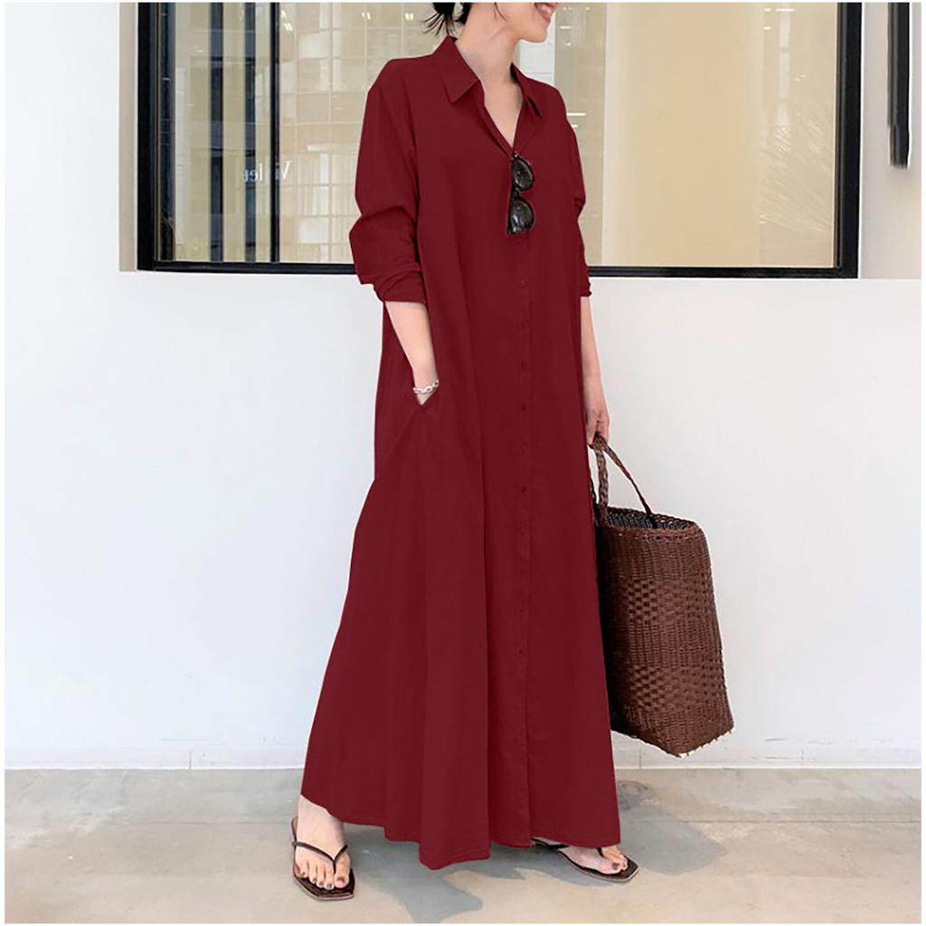 Women's Casual Cotton Linen Color Loose Temperament Long Shirt Dress