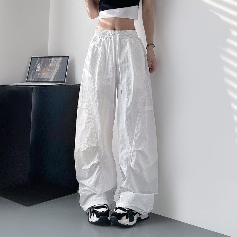 White Ice Silk Quick-Drying Wide-Leg Pants Women Summer Plus size Chubby Girl High Waist Drawstring Casual Pants Slim Sports Overalls