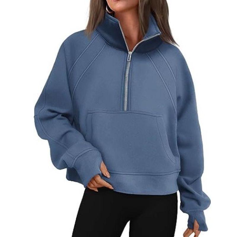 

Fashion Fall and Winter New Student Fashion Gray Half Zipped Stand Collar Fleece-lined Thickened Casual Long Sleeve Sweater Coat Female Sea Blue 2XL