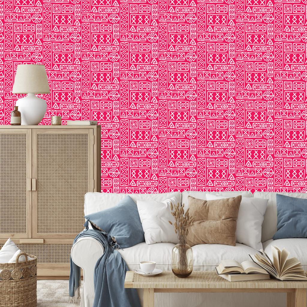 Polynesian Geometric Pattern Wallpaper Powder Pink and Rose 50x1000