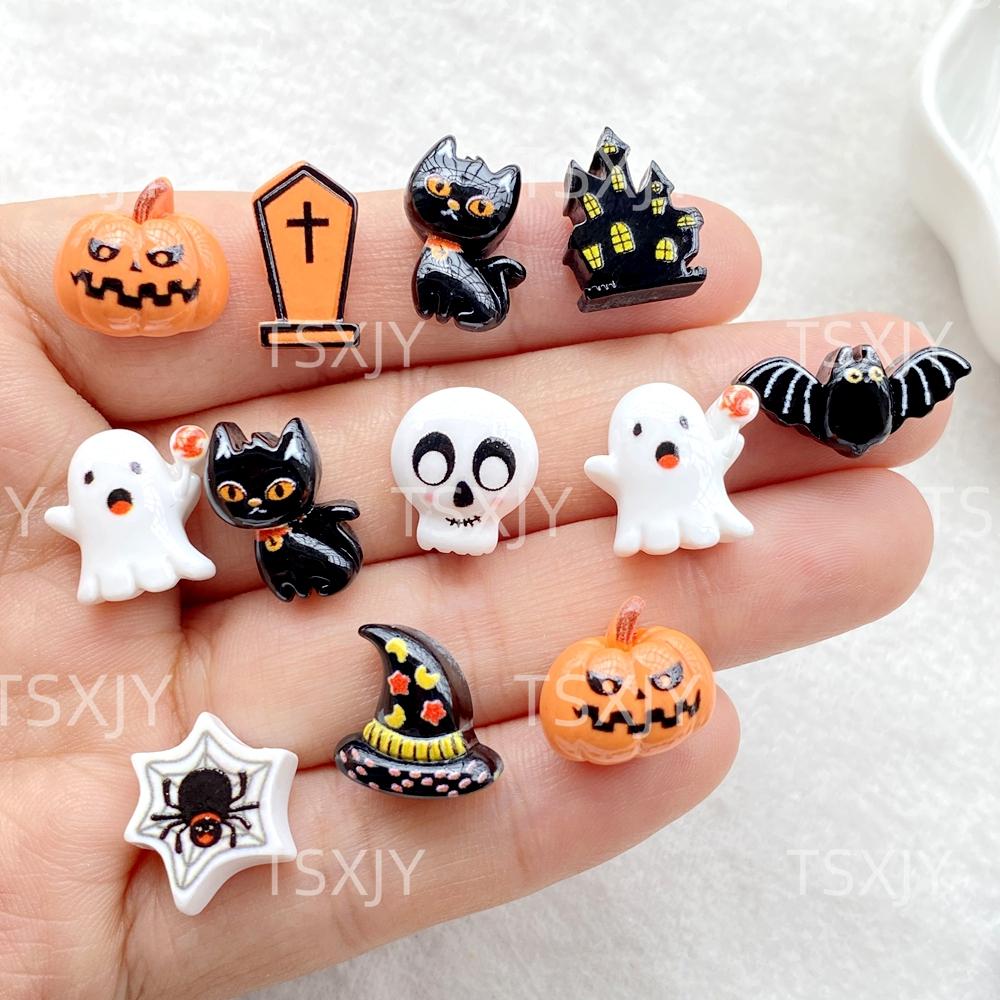20 Stück Harz Bunt 3D Cartoon Halloween Schädel, Fledermaus, Geist, Schwarze Katze, Spinne Figur Dekoration DIY Halloween Scrapbooking Bastelarbeiten