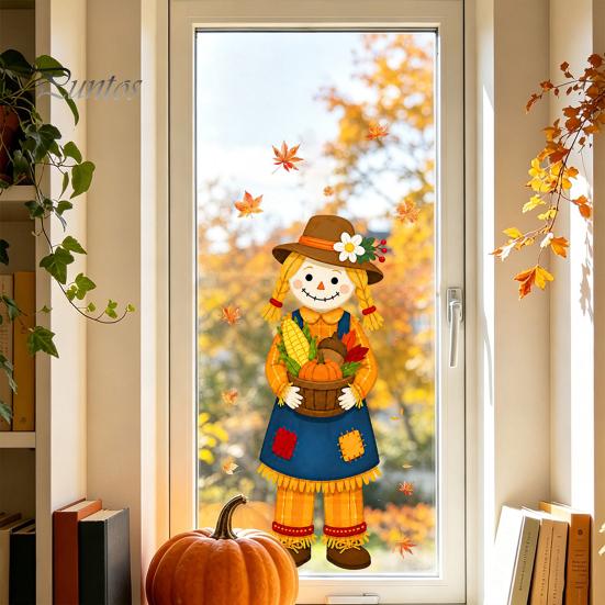 Harvest Festival Glass Stickers Fall Window Clings, Autumn Scarecrow Maple Leaf Stickers, Reusable Double-Sided Theme Ornaments Static PVC Decals for