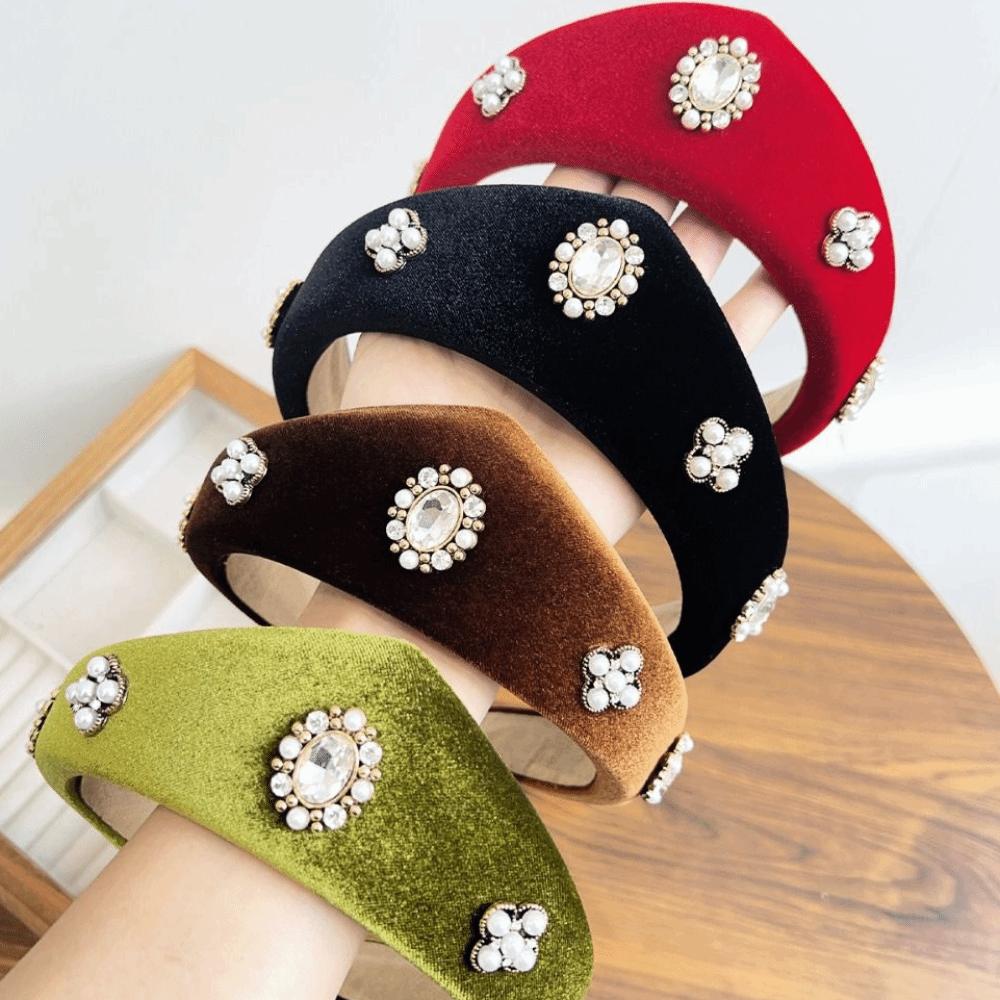 Simple Elegant Velvet Triangle Headband British Baroque Rhinestone Pearls Hairband Wide Edge Solid Color Crown Hair Hoop Party