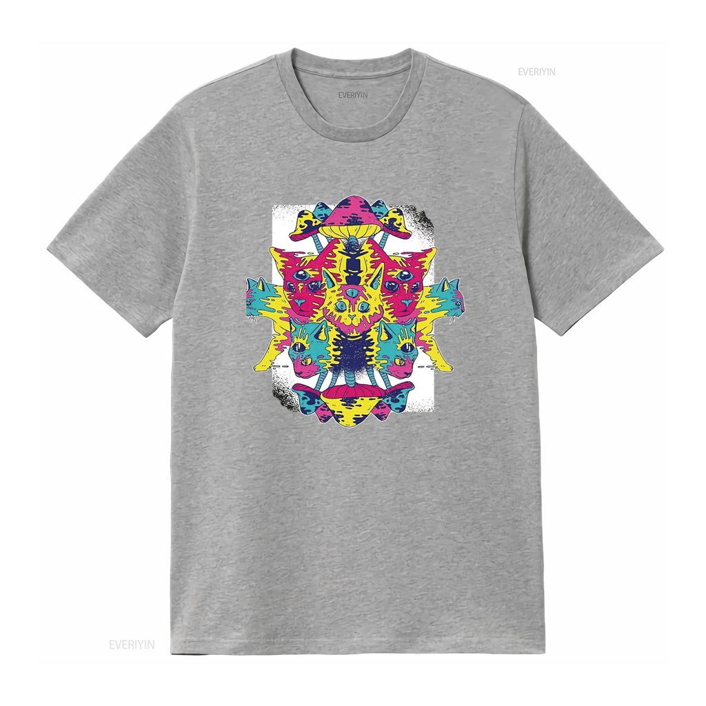 Herren Ideen für Katzenliebhaber Psychedelische Kätzchen und Pilze Design Schwarz Mehrfarbig T-Shirt vintage Gewaschen Dehnbar Stilvoll