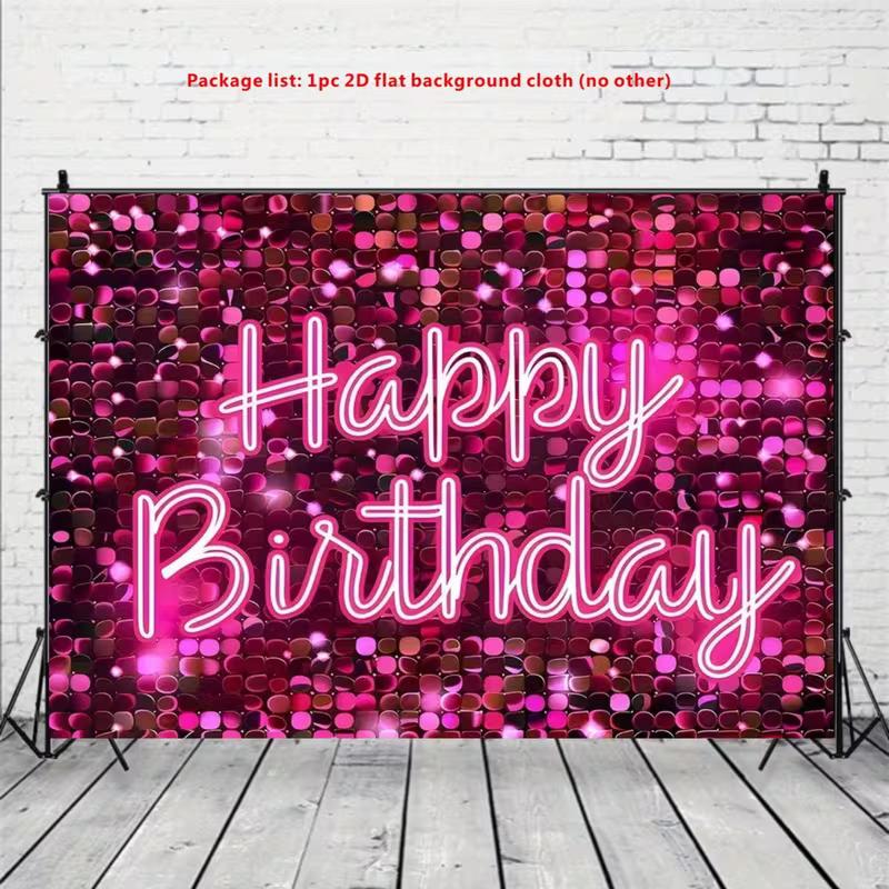 2D Pink Sequin Neon Happy Birthday Backdrop Banner Photography Background for Party Decor