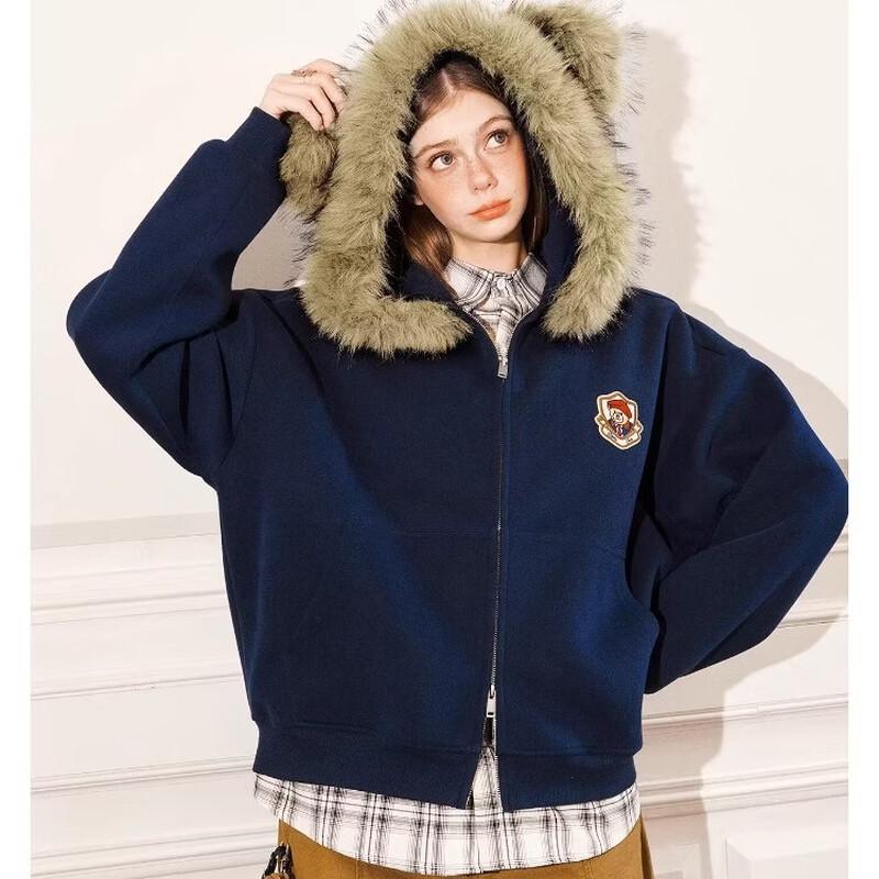 BEETLE TOWN Women s Bear Ear Fur Collar Fleece Cardigan Sweatshirt XL