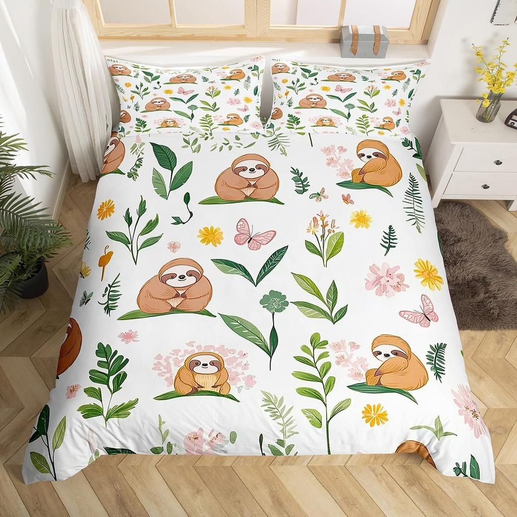 Sloth Bedding Set Kawaii Animals Comforter Cover For Boys Girls Teens,Botancial Flowers Duvet Cover Cartoon Wildlife Quilt Cover