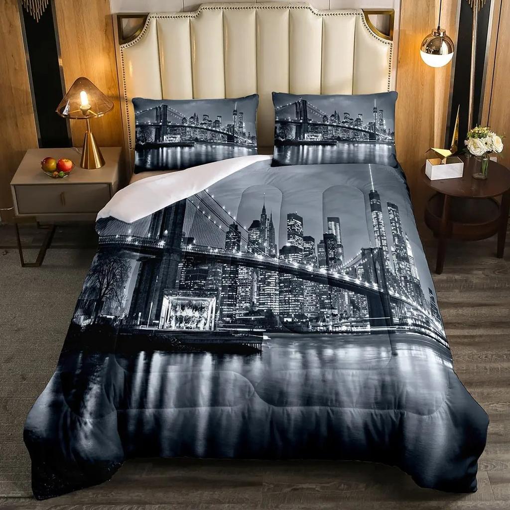 New York Duvet Cover Set, Skyline Print Decorative 2/3 Piece Bedding Set With Pillow Shams, Twin Full Queen King Size Room Decor