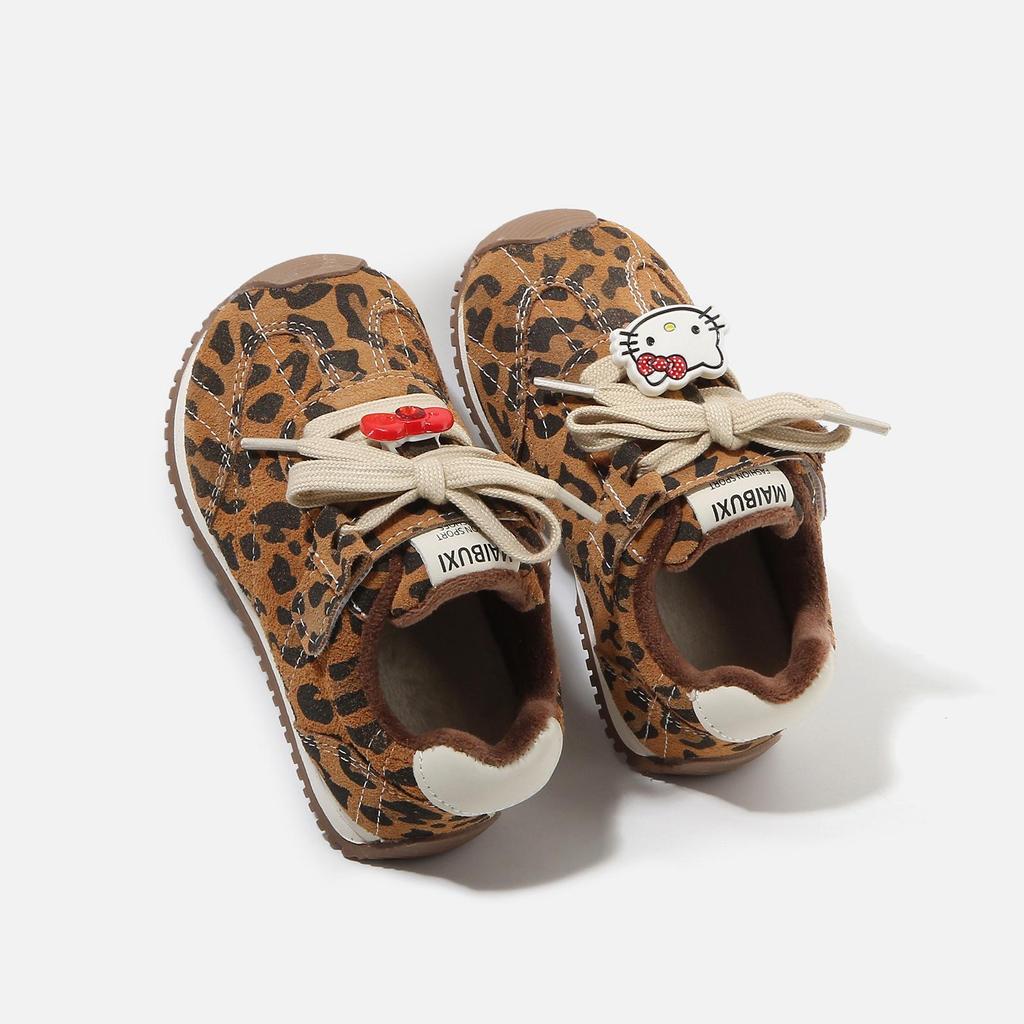 2025 Winter Leopard Print Velvet Baby Walker Shoes for Girls, Warm Casual Toddler Shoes, Sizes 3-6 Years