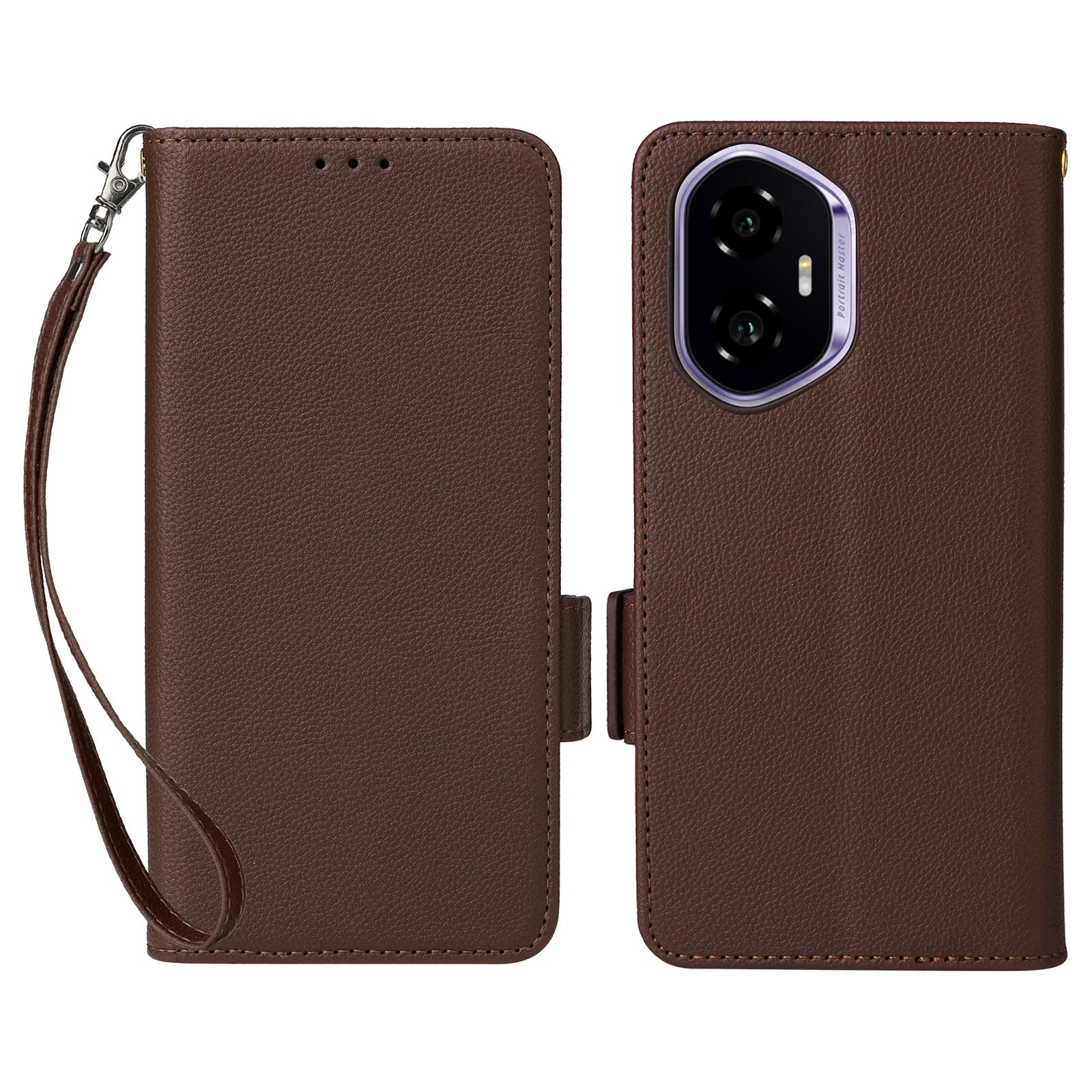 

Чехол для Honor 300 с ремешком на запястье, текстура личи, ПУ кожа, кошелек, чехол для телефона Brown