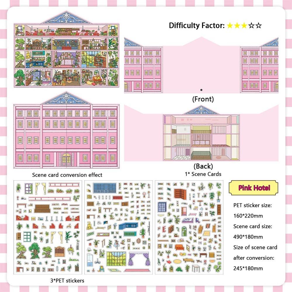 

Kawaii 2.5D Landscape Sticker Multicolor Cartoon Pattern Scene Sticker Apartment Pink Hotel Scenery Sticker Set