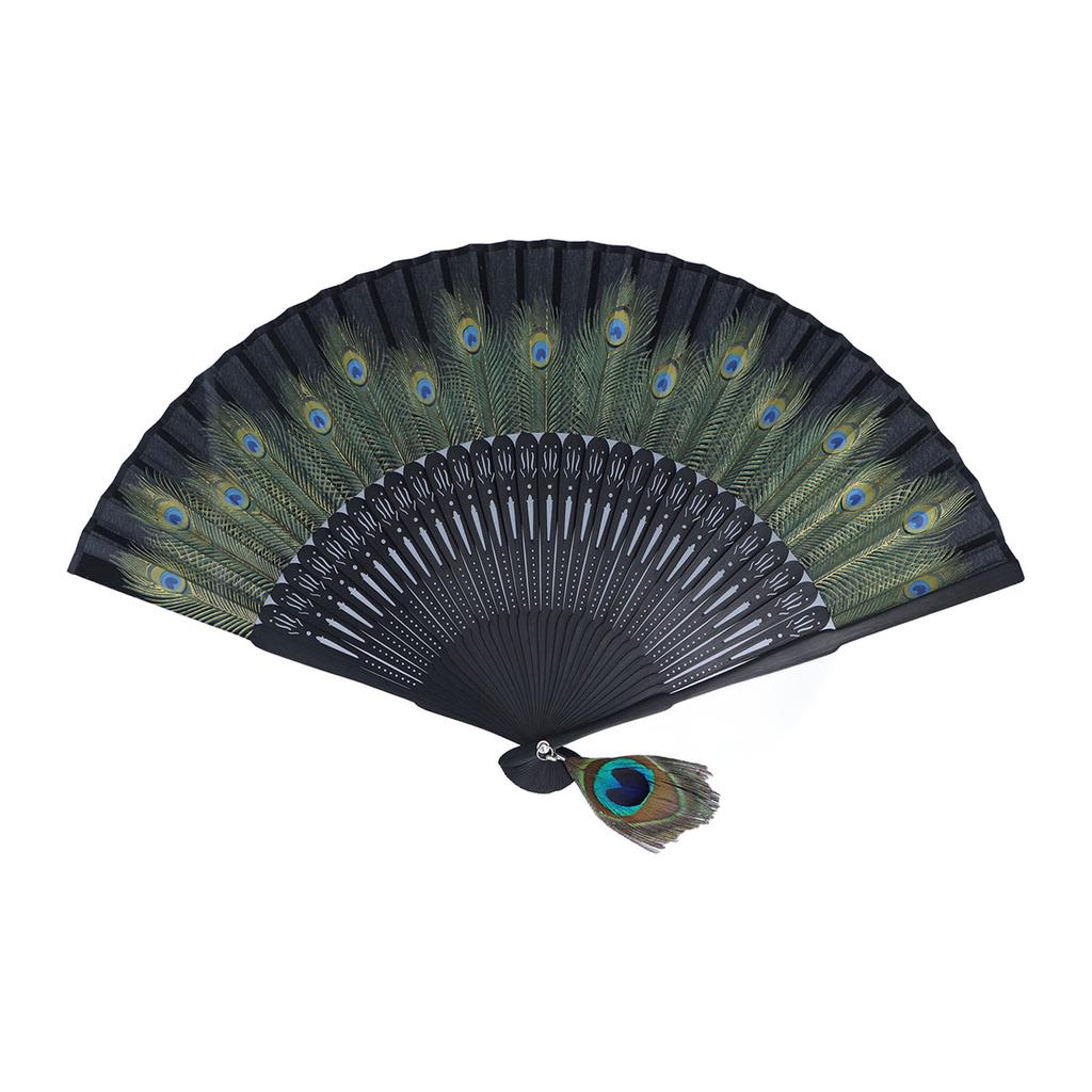Folding Fan Black Bones Beautiful Peacock Pattern Antique Bamboo Hand Fan for Performance Clothes Decoration Gift