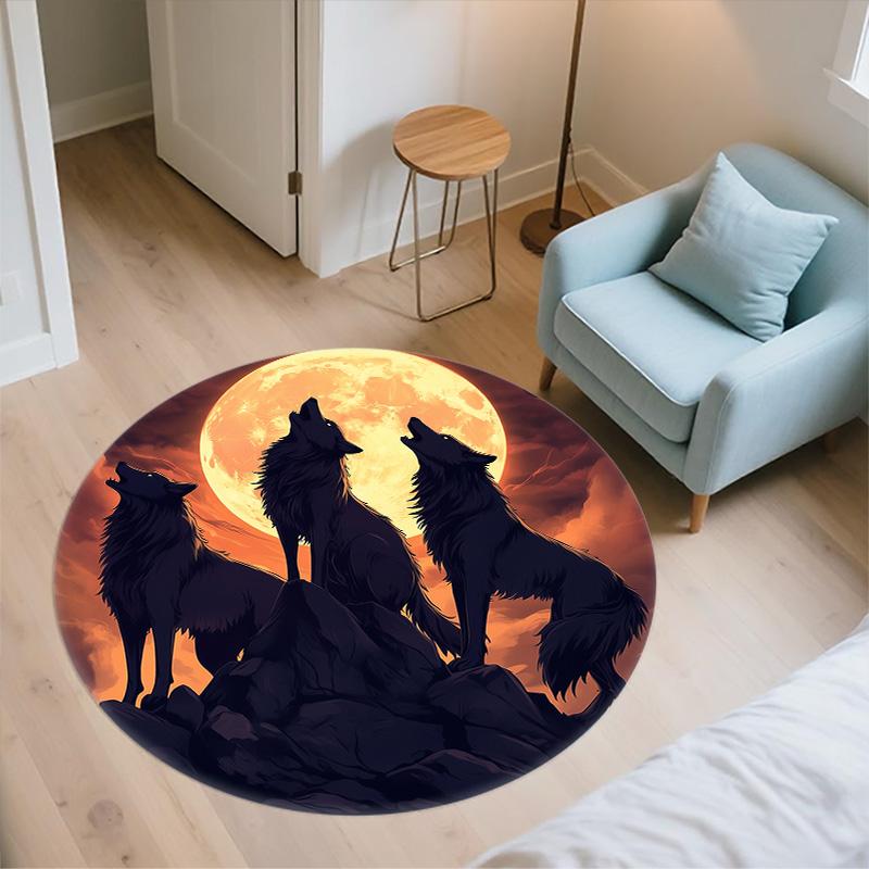 Moon Wolf,Round Area Rug,Carpet Rug for Living Room Bedroom Sofa Playroom Decor,Non-slip Floor Mat
