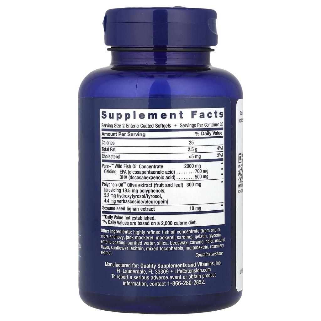 Life Extension, Super Omega 3 EPA/DHA Fischöl, Sesamlignan und Olivenextrakt, 60 magensaftresistente Weichkapseln