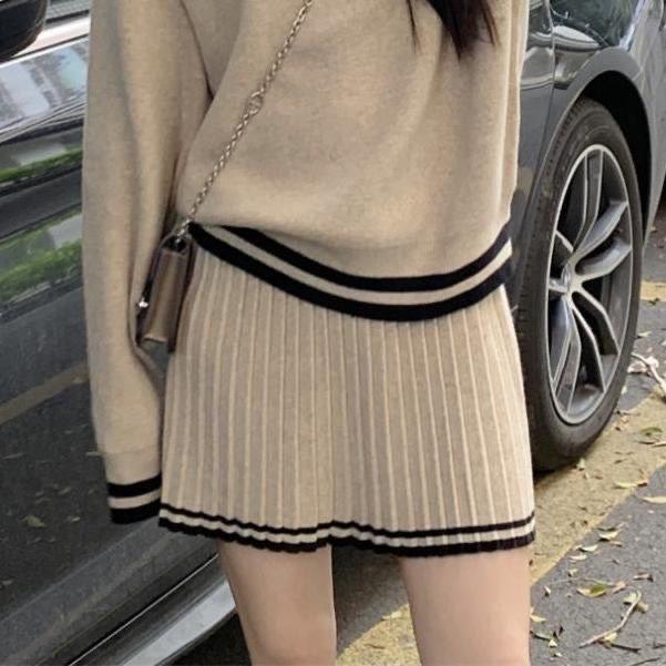 Korean Style Loose Fit Knitted Sweater & Pleated Midi Skirt Two-Piece Set