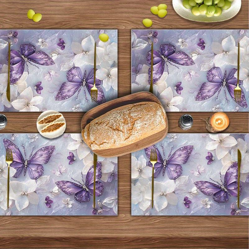 4pcs Linen Placemats Set, Elegant Purple Butterfly & Floral Design, 12x18 Inches - Ideal for Kitchen & Dining Room Decor, Home Gatherings, and Party